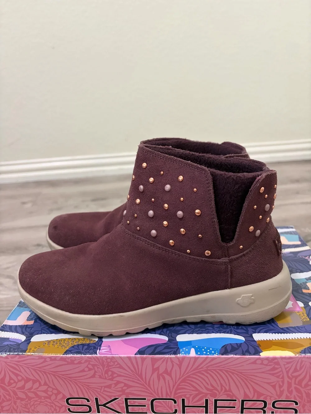Skechers Suede-Look Studded Slip-On Ankle Boots